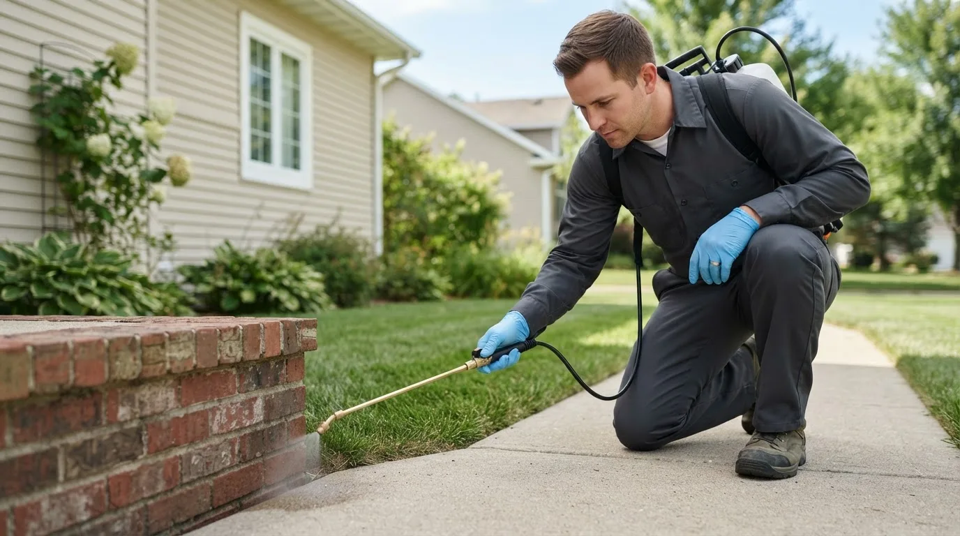 Pest control technician treating a home near Waverly, IA