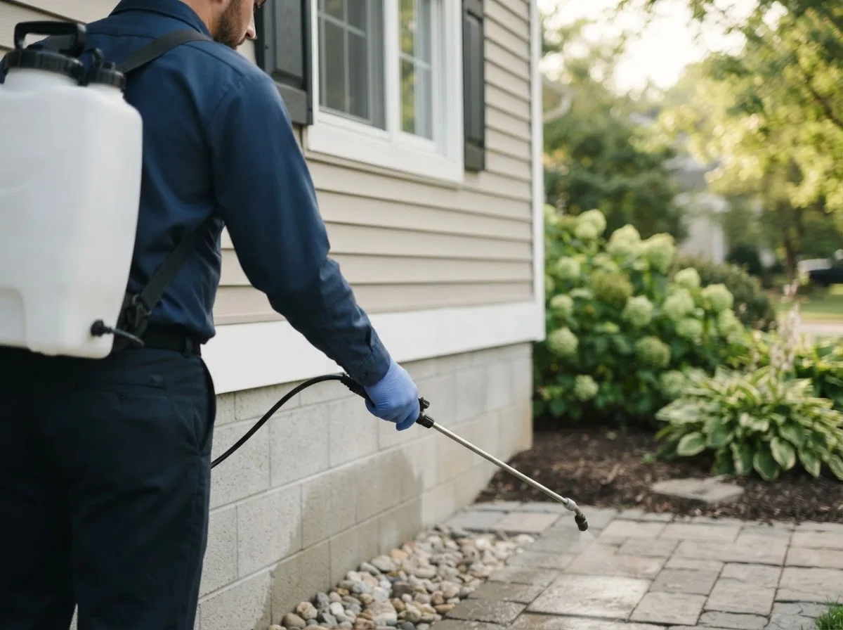 Pest control technician inspecting a home in Waverly, IA